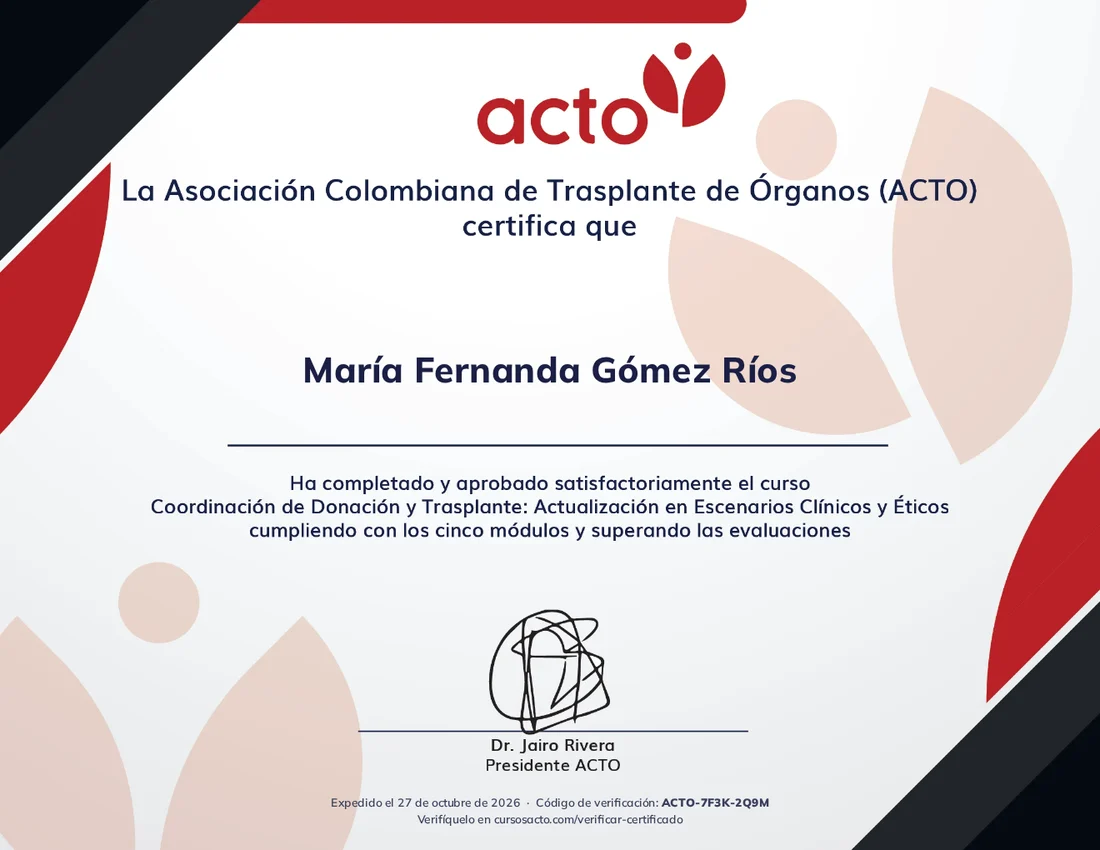 Modelo del certificado de aprobación de la Asociación Colombiana de Trasplante de Órganos